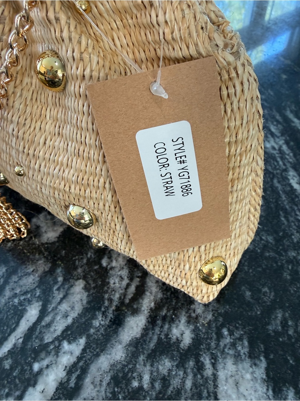 Savannah Natural Straw Mini Handbag with Gold Studs & Chain - Picture 3 of 14